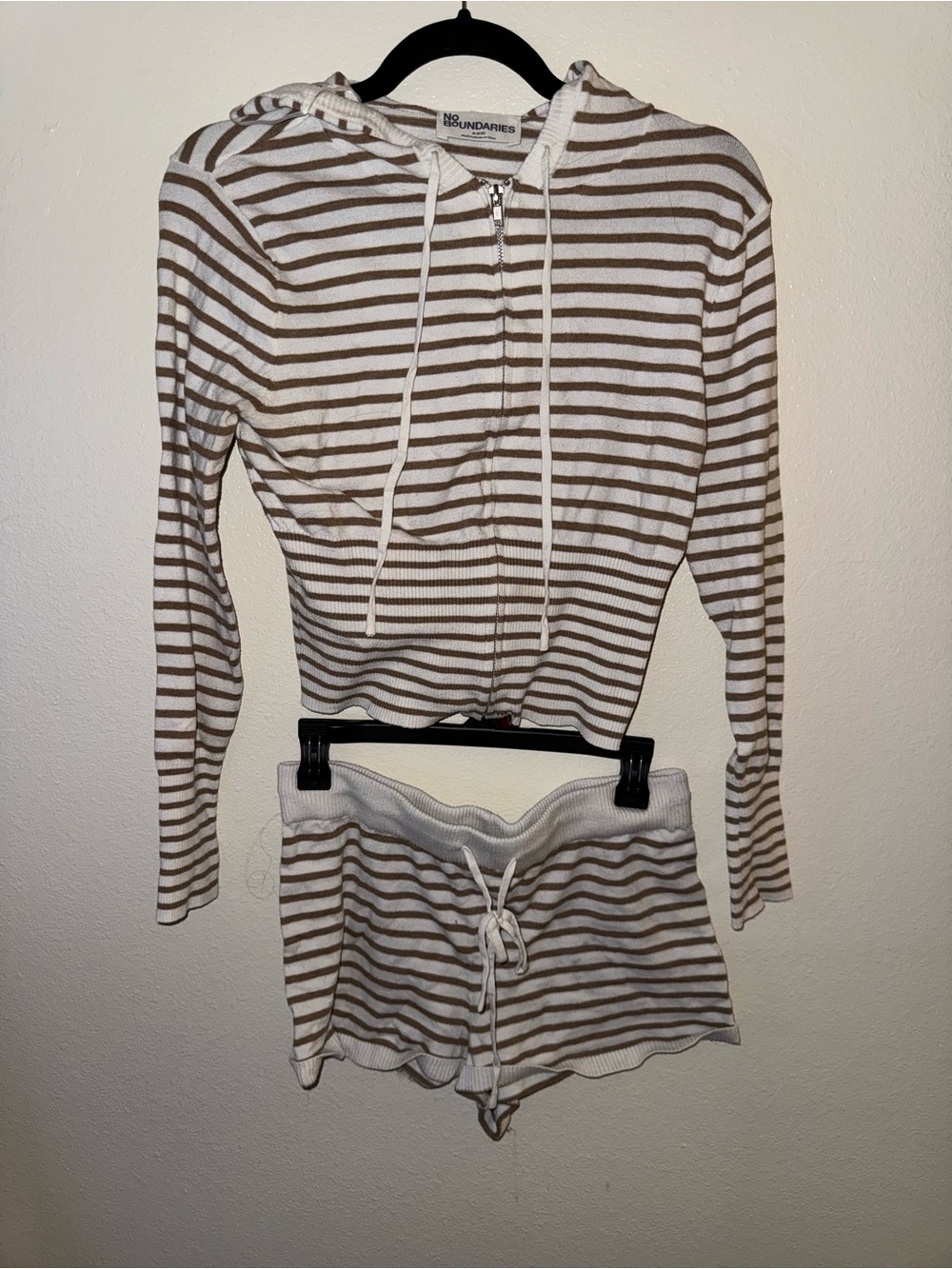 No Boundaries Striped Zip Hoodie and Drawstring Shorts - White & Brown